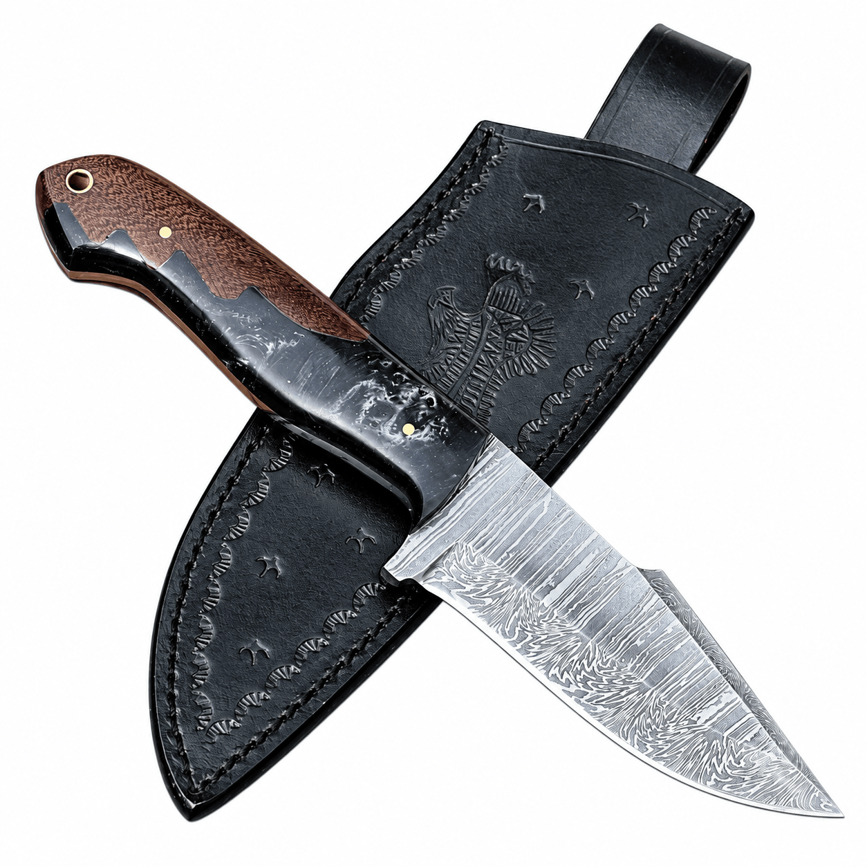 ChatGPT Image Oct 10, 2026, 11_38_32 AM-1 (1) Damascus tracker hunting knife with black brown contoured handle and embossed leather sheath