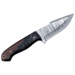 Reverse view of fixed blade Damascus hunting knife with black and brown handle