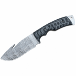 Full vertical view of Damascus gut hook knife showing blade pattern and finger grooves