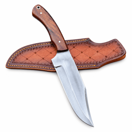 Collectible fixed blade hunting knife displayed vertically across brown leather sheath