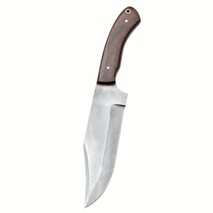 Fixed blade hunting knife inside decorative brown leather sheath with wooden handle visible