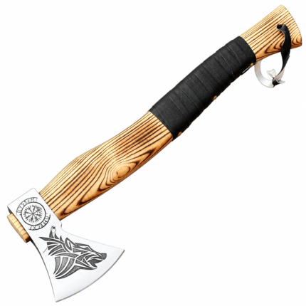 Viking Raven Engraved Axe with silver single-edged blade and contoured golden wooden-looking handle