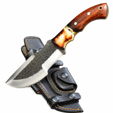 Textured Blade Hunting Knife with polished curved edge, brown handle, amber accents and black multi-strap sheath