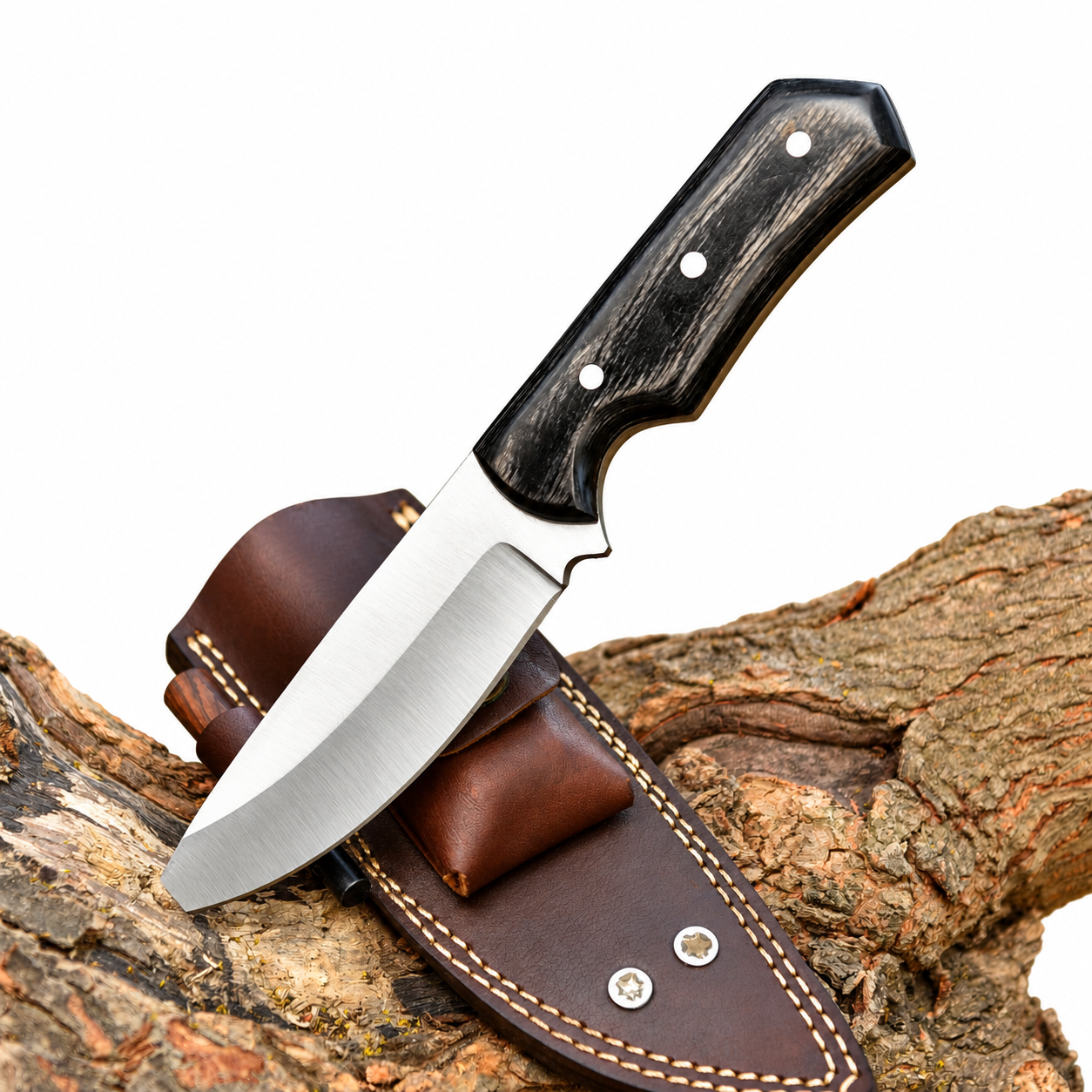 ChatGPT Image Oct 14, 2026, 10_52_37 AM-1 Fixed blade hunting knife with black wood-grain handle displayed over brown stitched sheath with exterior accessory pouch