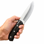 Fixed blade hunting knife held in hand showing broad satin blade and contoured black handle with three silver pins