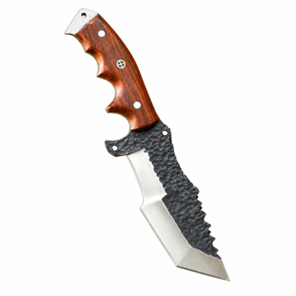 Full view of tanto fixed blade hunting knife with angular blade, brown finger-grooved handle and decorative metal pins