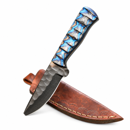 Blue patterned handle fixed-blade knife displayed diagonally over a reddish-brown stitched sheath with decorative scalloped border.