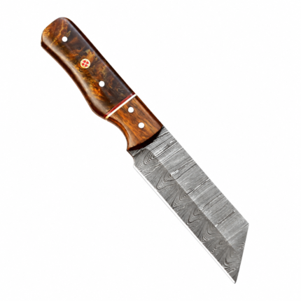 Full view of Amber Brown Handle Damascus-Patterned Tanto Knife with amber marbled handle, red spacer, silver-colored pins, and angular blade.