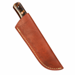 Amber Brown Handle Damascus-Patterned Tanto Knife enclosed in a reddish-brown sheath with decorative embossed border and yellow stitching.