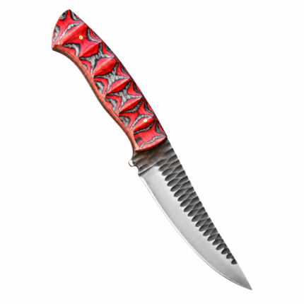 Complete Red and Black Patterned Handle Knife with curved pointed blade, dark overlapping texture marks and gold-colored handle accents.