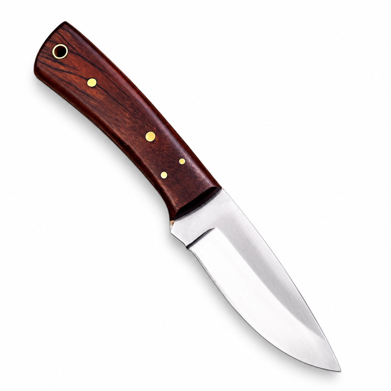 ChatGPT Image Oct 19, 2026, 05_08_39 PM Fixed blade knife with a reddish-brown wood-grain handle, four gold-tone pins, and a lanyard hole beside a metal ruler.
