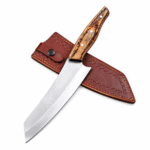 Premium curved chef knife with a broad satin-finished blade, patterned brown wood-grain handle and three metal pins