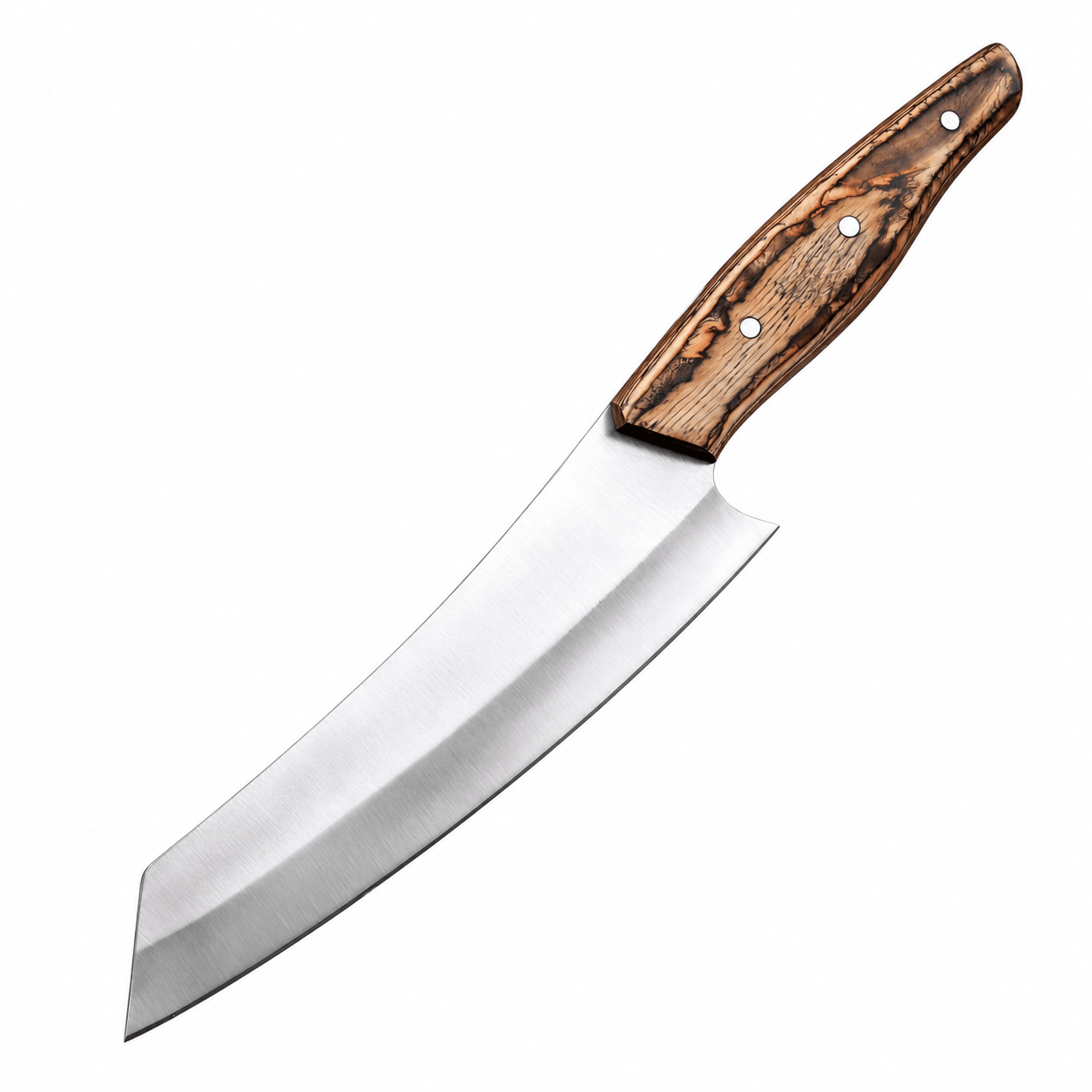 Premium Curved Chef Knife with Wood-Grain Handle Premium curved chef knife with a broad satin-finished blade, patterned brown wood-grain handle and three metal pins