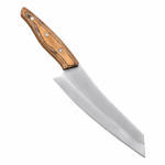 Premium curved chef knife with a broad satin-finished blade, patterned brown wood-grain handle and three metal pins