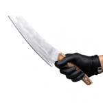 Premium curved chef knife with a broad satin-finished blade, patterned brown wood-grain handle and three metal pins