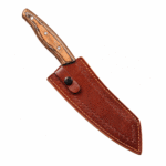 Premium curved chef knife with a broad satin-finished blade, patterned brown wood-grain handle and three metal pins