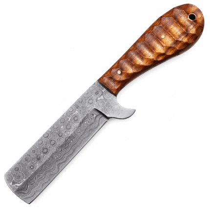 Premium Damascus chef knife with circular patterned blade, carved brown wooden handle, curved metal guard, and lanyard hole on white background.