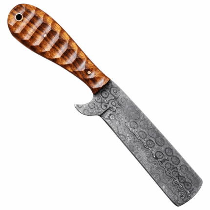 Premium Damascus chef knife with circular patterned blade, carved brown wooden handle, curved metal guard, and lanyard hole on white background.