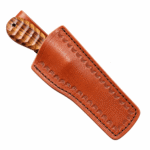 Premium Damascus chef knife with circular patterned blade, carved brown wooden handle, curved metal guard, and lanyard hole on white background.