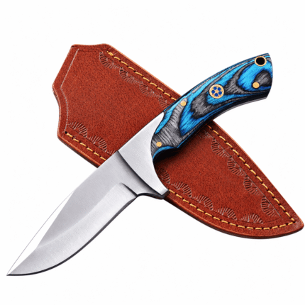 Premium hunting knife with curved satin-finished blade, blue and black patterned handle, silver finger guard, gold-tone pins, and lanyard hole