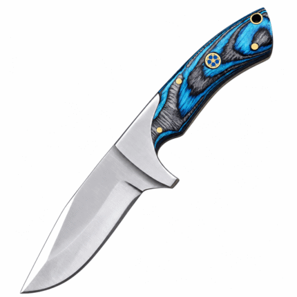 Premium hunting knife with curved satin-finished blade, blue and black patterned handle, silver finger guard, gold-tone pins, and lanyard hole