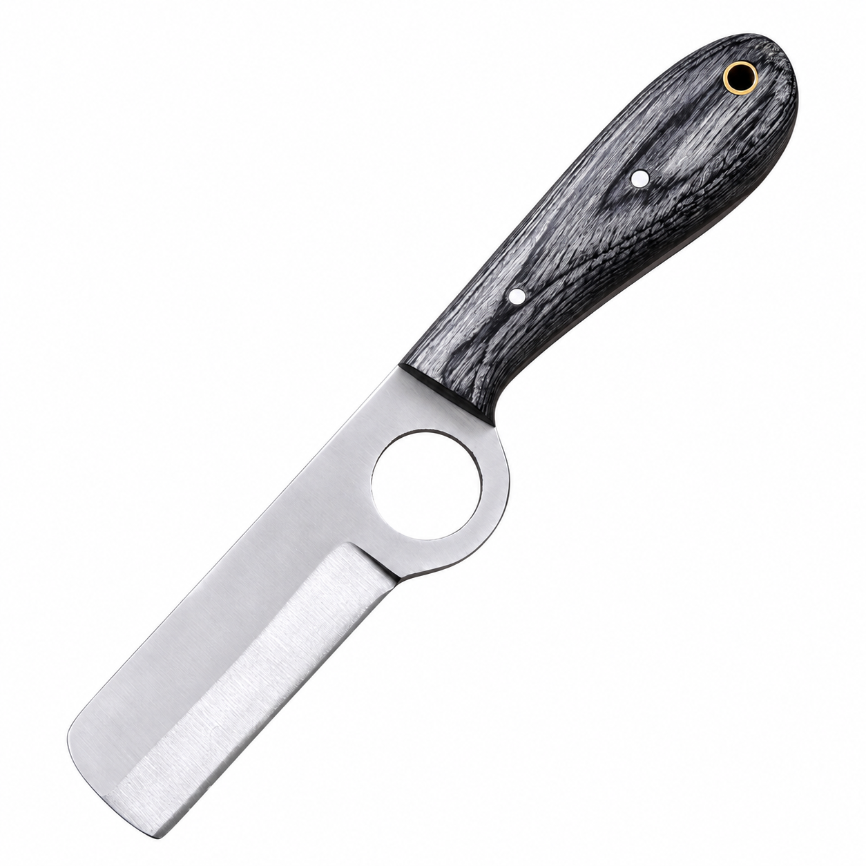 Premium Cowboy Knife with Black Wood-Grain Handle Premium cowboy knife with straight satin-finished blade, circular blade opening, textured black wood-grain handle, silver metal pins, and gold-tone lanyard hole