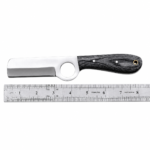 Premium cowboy knife with straight satin-finished blade, circular blade opening, textured black wood-grain handle, silver metal pins, and gold-tone lanyard hole