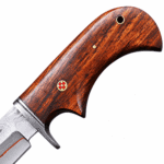 Premium Damascus hunting knife with a curved patterned blade, reddish-brown wood-grain handle, silver-tone finger guard, red mosaic pin, and lanyard hole
