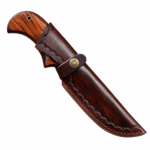 Premium Damascus hunting knife with a curved patterned blade, reddish-brown wood-grain handle, silver-tone finger guard, red mosaic pin, and lanyard hole