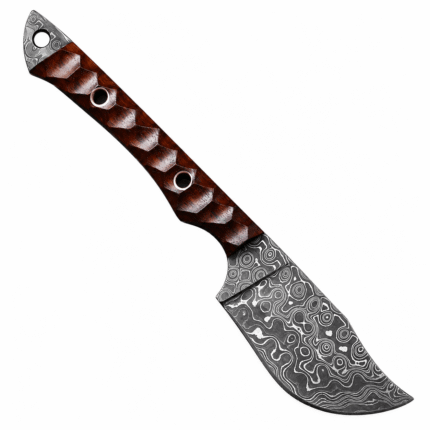 Premium Damascus knife with a broad curved patterned blade, carved reddish-brown wooden-style handle, circular metal-lined openings, and decorative metallic end cap