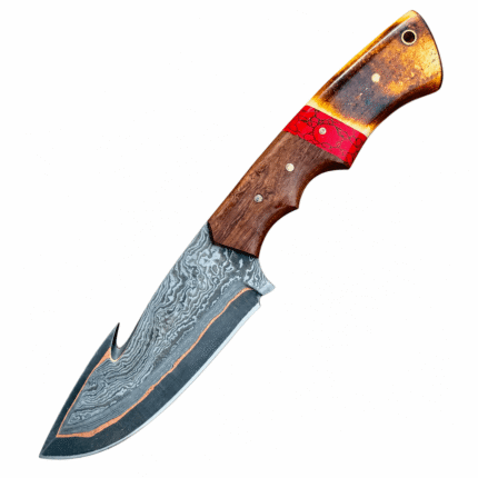 Damascus gut hook knife with a patterned curved blade, hooked spine, copper-colored accent, brown wooden-style handle, red marbled inlay, and lanyard hole