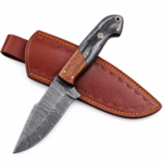 Premium Damascus hunting knife with a broad curved patterned blade, black and brown two-tone handle, blue mosaic pin, gold-tone fittings, and lanyard hole