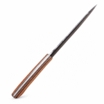 Compact Curved Skinner Knife with broad two-tone blade, brown and cream wood-grain-style handle and tan stitched belt sheath with snap closure.