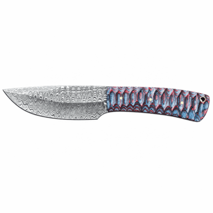 Damascus steel hunting knife with colorful handle and decorative brown leather sheath