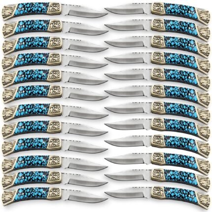 Turquoise Handle Folding Pocket Knife with silver-toned pointed blade, blue and black mosaic-style grip, and ornate gold-colored floral bolsters