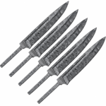 Five Damascus-style knife blade blanks arranged diagonally on a white background, showing silver-gray layered patterns, pointed profiles, and narrow exposed metal tangs.