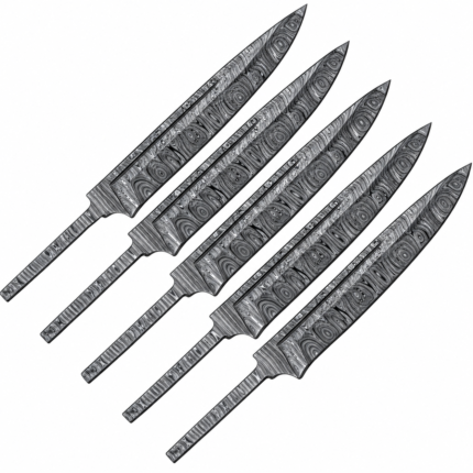 Five Damascus-style knife blade blanks arranged diagonally on a white background, showing silver-gray layered patterns, pointed profiles, and narrow exposed metal tangs.