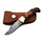 Brown Wood Handle Damascus Pattern Hunting Knife with a curved silver-gray patterned blade, gold-tone bolster, multitone wooden-look handle, and metallic pins