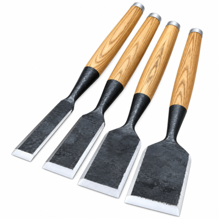 4-piece woodworking chisel set with different blade widths, dark textured bodies, bright bevels, and light wood-grain handles