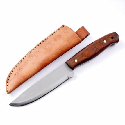 Fixed blade hunting knife with brown wooden handle, satin blade and leather sheath