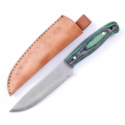 Green Wood Handle Hunting Knife with satin silver fixed blade, green black patterned grip and brown decorative sheath