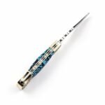 Turquoise Handle Folding Pocket Knife with silver-toned pointed blade, blue and black mosaic-style grip, and ornate gold-colored floral bolsters