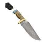 Tan handle fixed blade knife with a Damascus-style patterned blade, gold-tone guard, blue rear accent, and a separate black detail at the upper left.