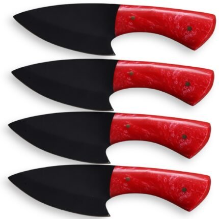 Red Handle EDC Knife with matte black drop point blade, glossy red marbled handle, and two brass-colored pins, held in a black-gloved hand