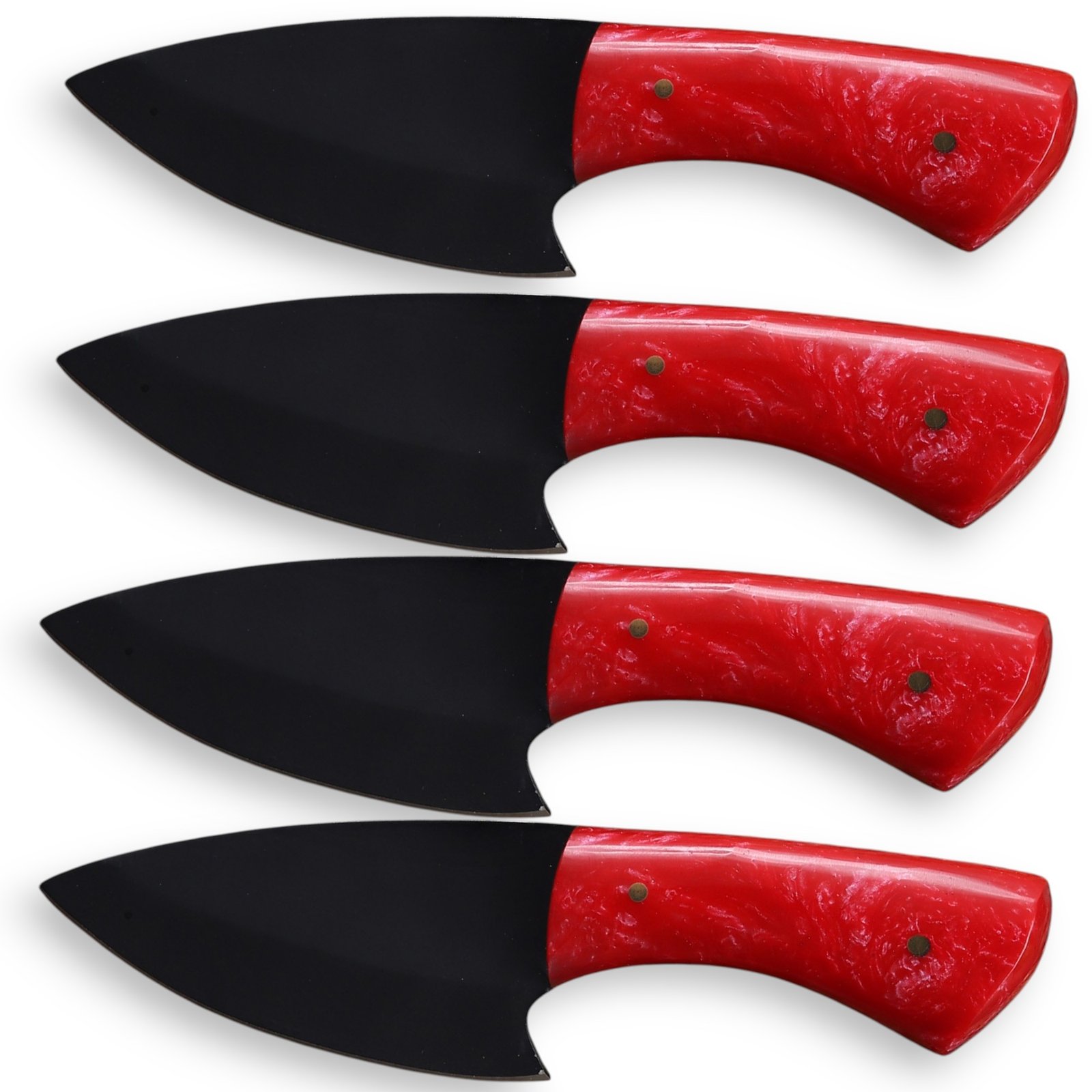 Skinner Knife LotRed Handle EDC Knife – Premium Black Drop Point Blade Red Handle EDC Knife with matte black drop point blade, glossy red marbled handle, and two brass-colored pins, held in a black-gloved hand
