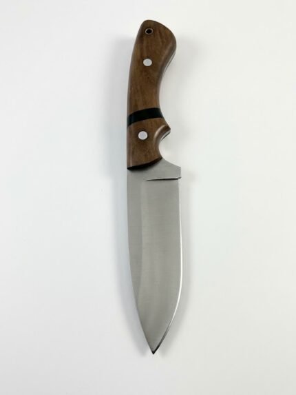 Wooden Handle Hunting Knife with broad satin-finished silver blade, curved brown wood-grain handle and dark brown embossed sheath with black edge lacing.