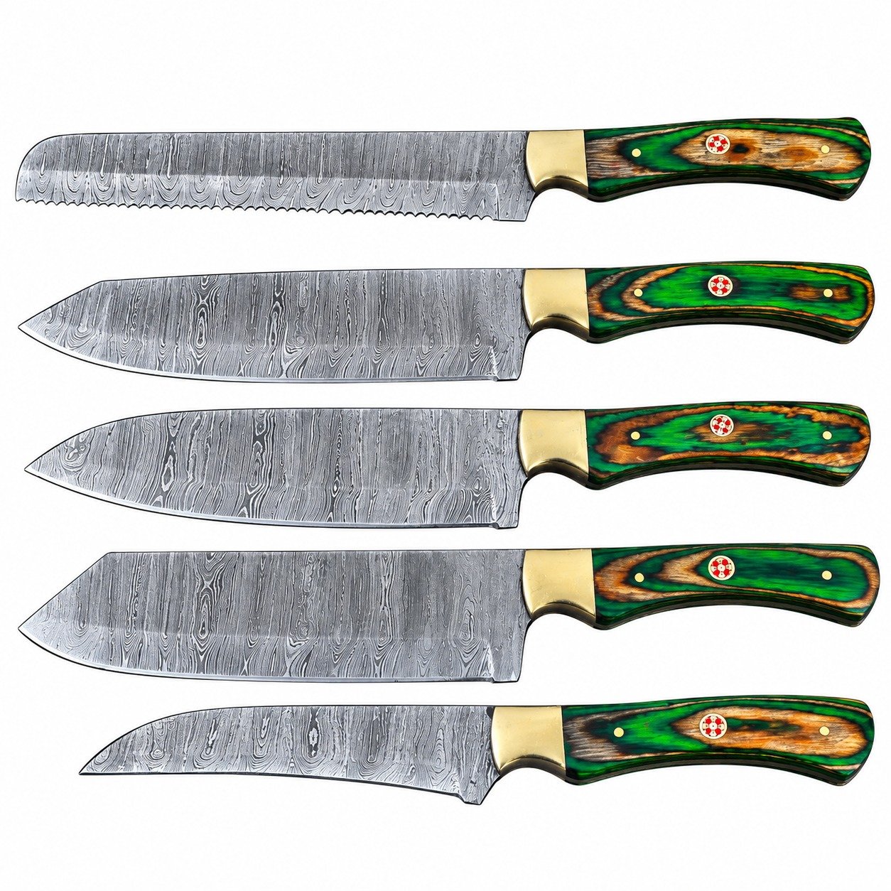WhatsApp Image 2026-10-31 at 5.31.21 AM Green Handle Damascus Pattern Kitchen Knife Set featuring five silver-gray patterned blades, green-and-brown wood-grain-style handles, gold-colored bolsters and one serrated knife.
