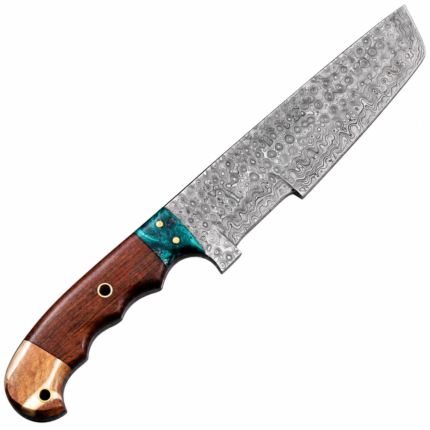 Damascus Pattern Butcher Knife with a long silver-gray circular patterned blade, turquoise-green bolster, reddish-brown wood-grain handle and cream-colored end cap.