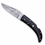 Damascus Pattern Folding Knife with silver-gray layered blade design, curved glossy black handle, silver-colored pins and circular decorative accent
