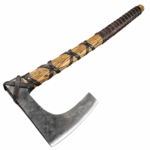 Rustic Bearded Viking Axe with broad weathered silver-grey head, golden-brown wood-grain handle and dark diagonal wrapping